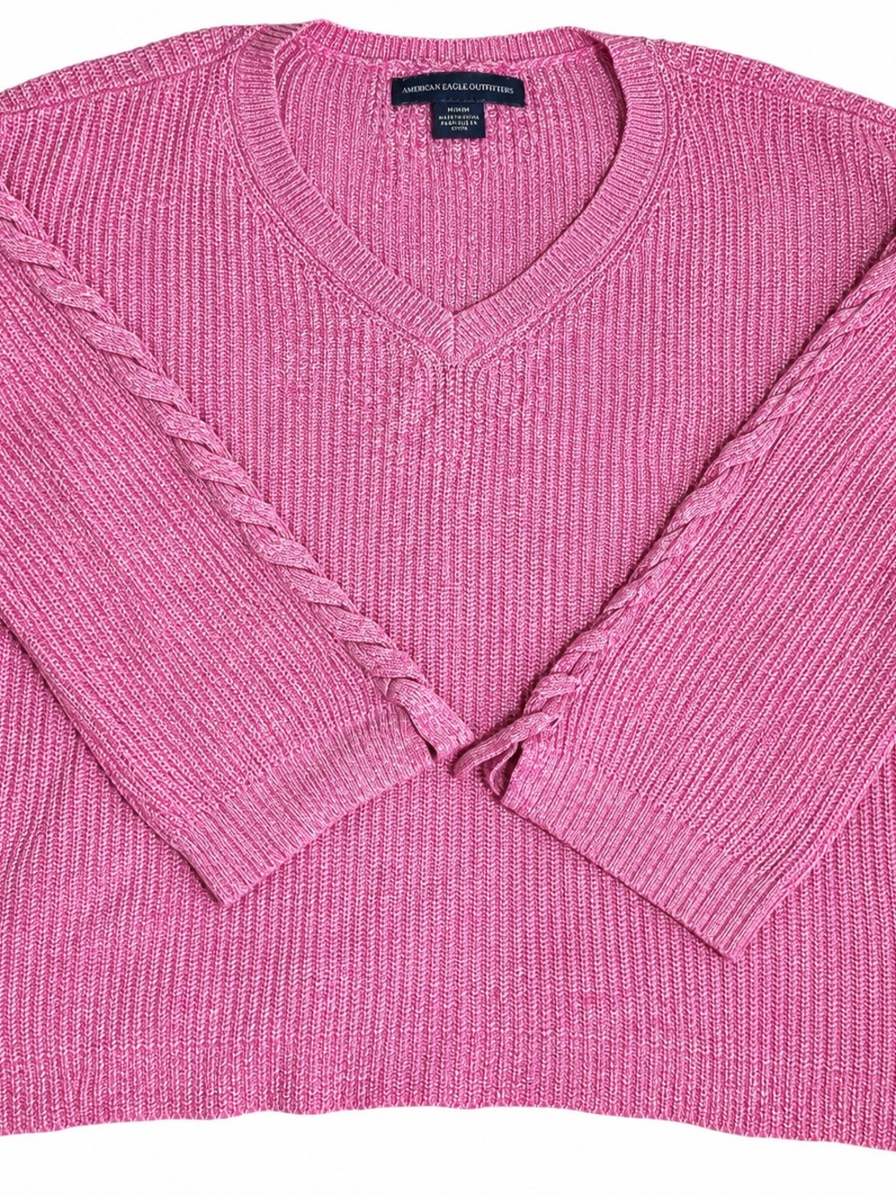 American Eagle Outfitters Pink V-Neck Cable-Trim Sweater